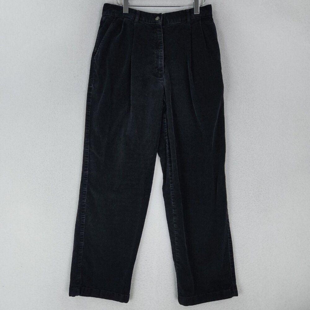 LL Bean Pants Womens 10 Petite Black Corduroy Pleated Front High Waist Casual